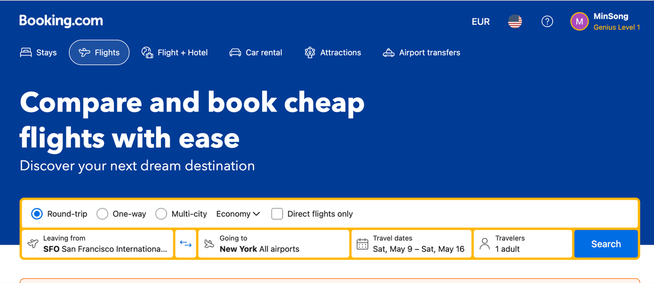 Booking.com flight search interface