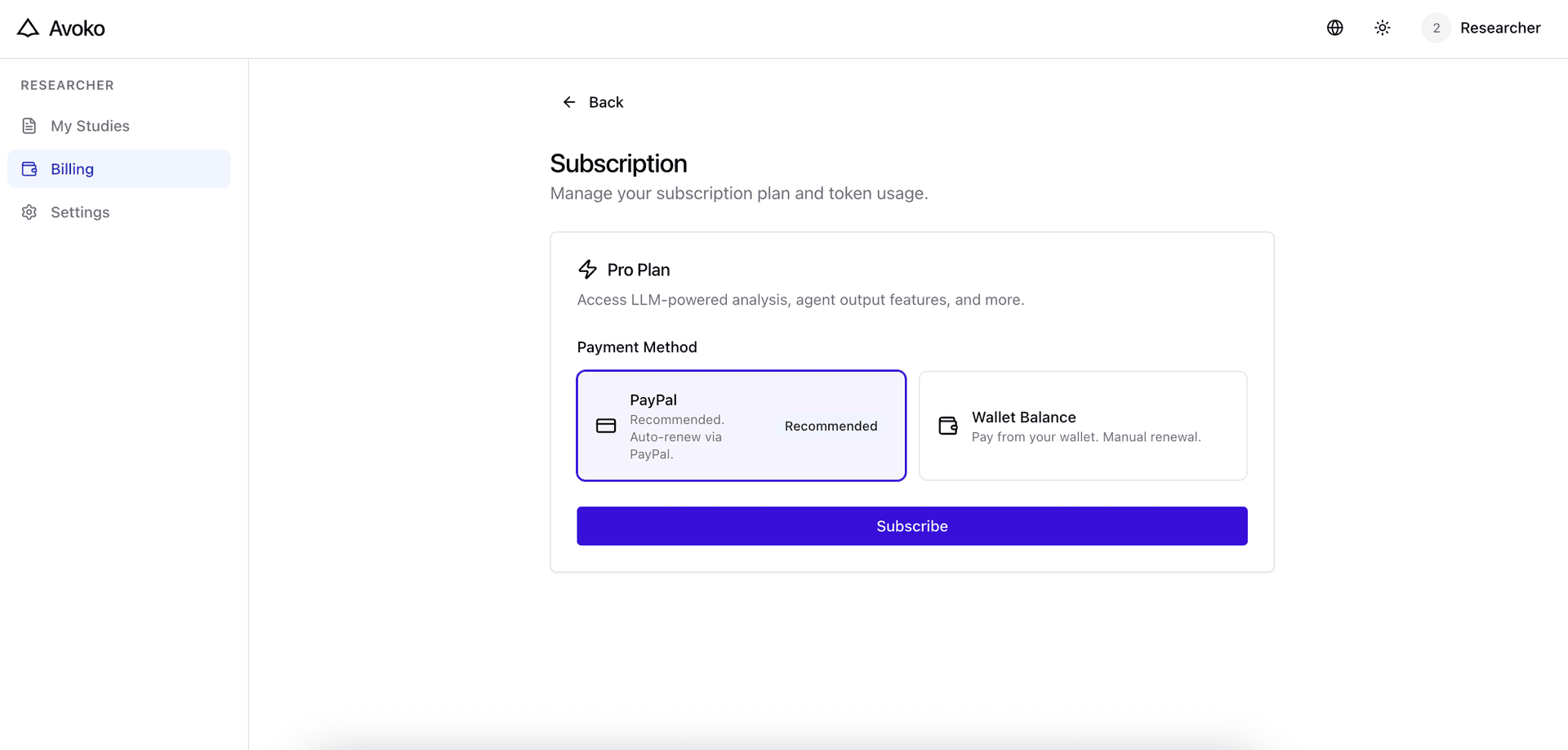 Subscription page